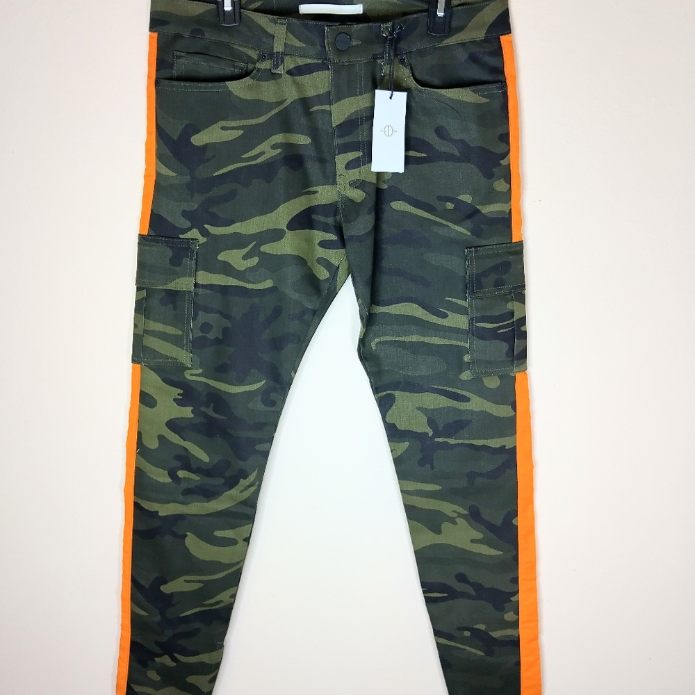 Golden.Mens green black Camo track pants 2 orange stripes  34/34 New with Tags.